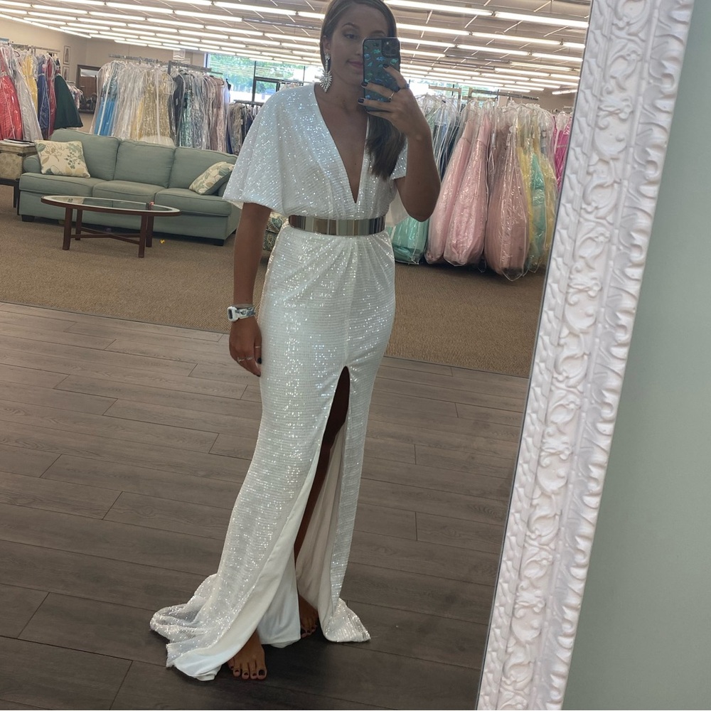 Johnathan Kayne White Formal Sequin Gown with Front Slit and Adjustable neckline